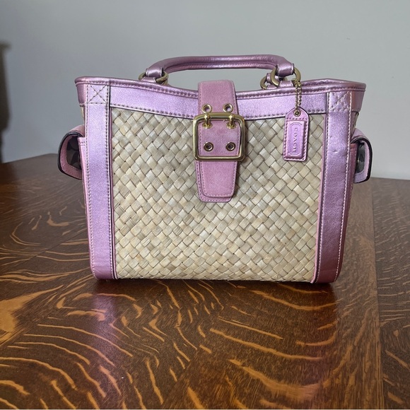 Coach Handbags - Coach Pink and Tan Woven Satchel